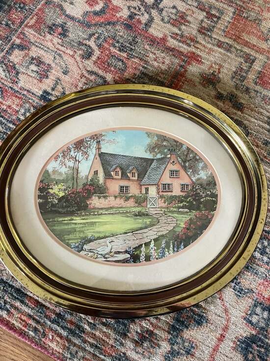 Unbranded Other - Vintage Cottage Garden Scene Oval Wall Art Print